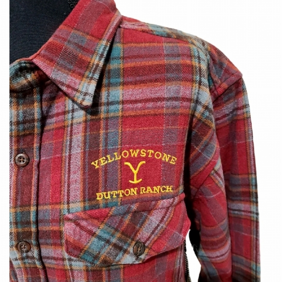 Yellowstone Dutton Ranch Mens Button Up Flannel Shirt, Size Med, Red/Teal - Picture 5 of 5
